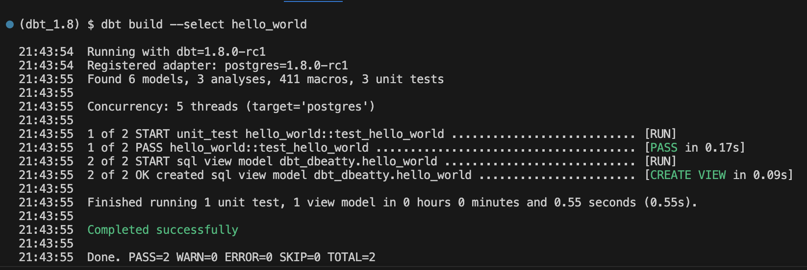 Terminal output of hello world unit test Terminal output of hello world unit test